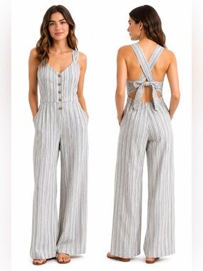 Knot Sisters Open Back Linen Blend Wide Leg Jumpsuit Coastal M